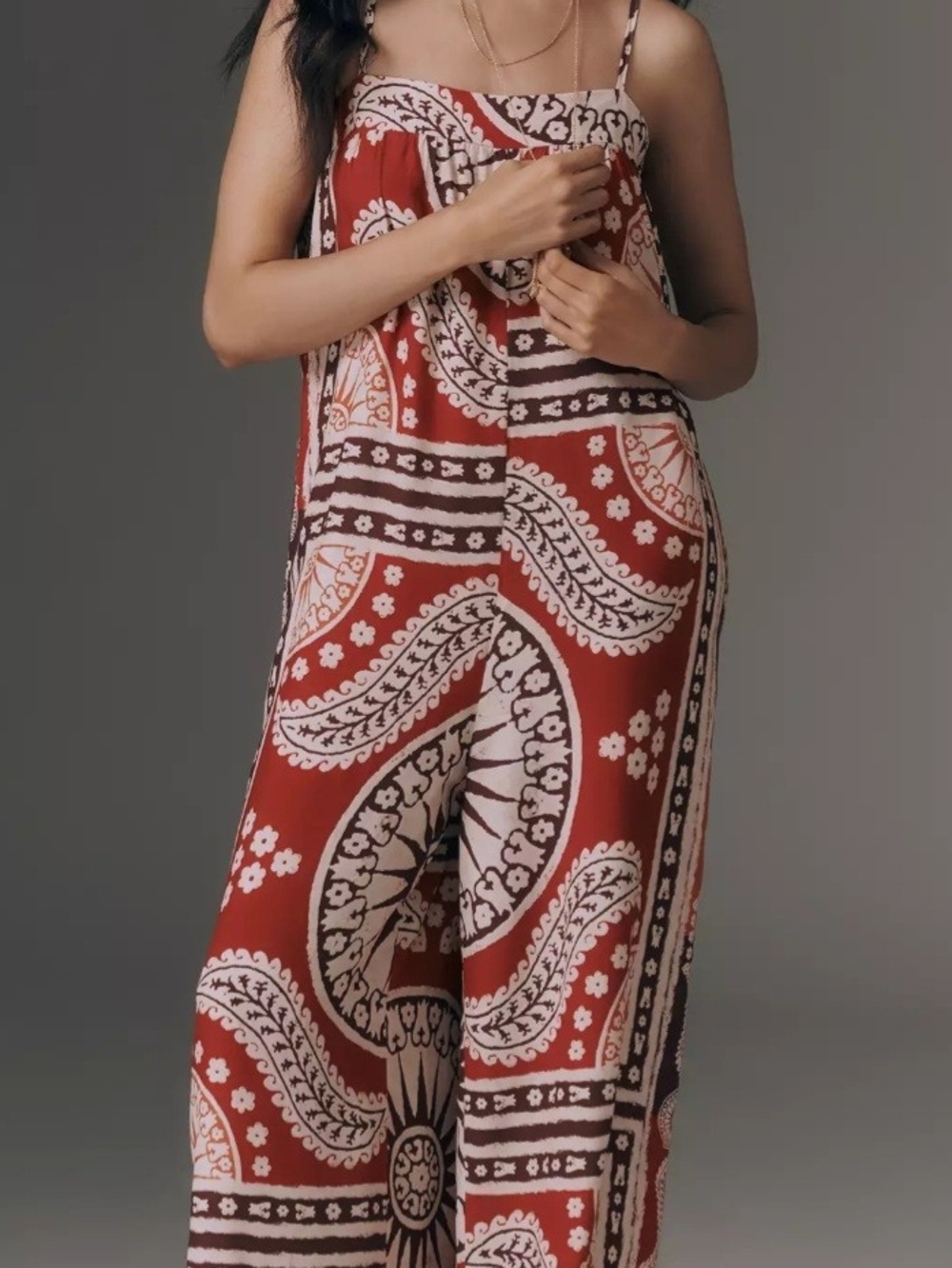 Red Paisley Wide-Leg Spaghetti-Strap Jumpsuit